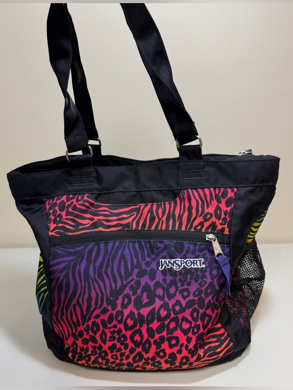JANSPORT Vintage 90s Rainbow Neon Animal Print Shoulder Tote Bag Large Bookbag
